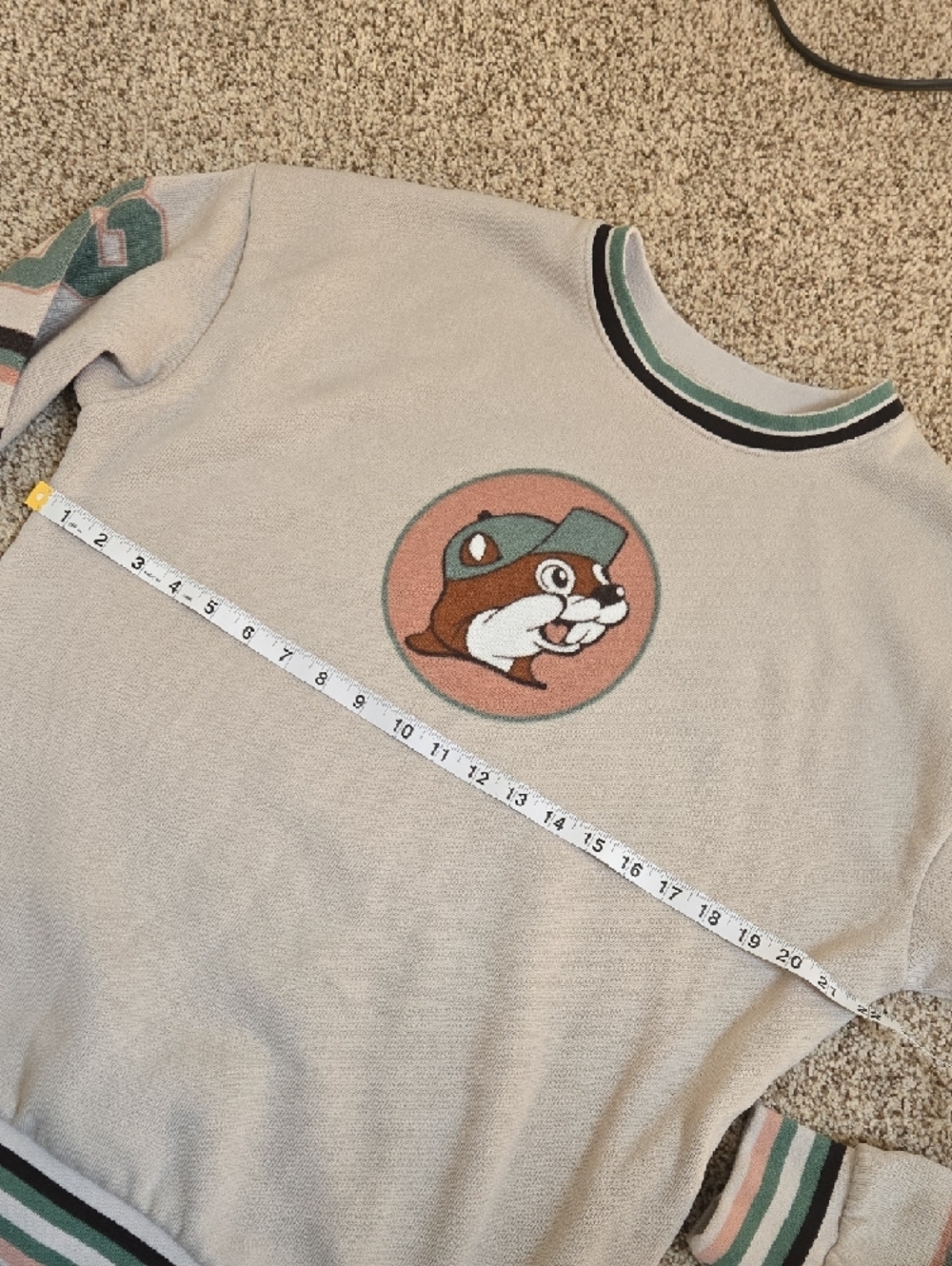 Cream Crewneck Sweater with Mascot Patch and Green & Pink Stripes - Picture 2 of 3